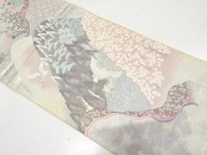 アンティーク　遠山に鶴・桜模様織り出し袋帯（材料）